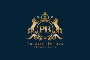 initial PB Retro golden crest with circle and two horses, badge template with scrolls and royal crown - perfect for luxurious branding projects vector