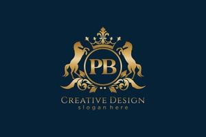 initial PB Retro golden crest with circle and two horses, badge template with scrolls and royal crown - perfect for luxurious branding projects vector