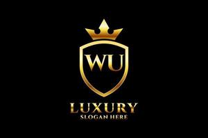 initial WU elegant luxury monogram logo or badge template with scrolls and royal crown - perfect for luxurious branding projects vector