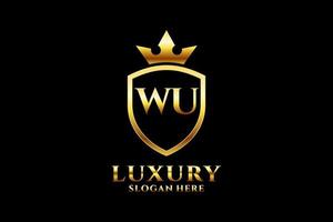 initial WU elegant luxury monogram logo or badge template with scrolls and royal crown - perfect for luxurious branding projects vector