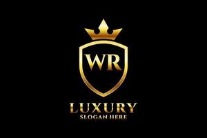 initial WR elegant luxury monogram logo or badge template with scrolls and royal crown - perfect for luxurious branding projects vector