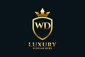 initial WD elegant luxury monogram logo or badge template with scrolls and royal crown - perfect for luxurious branding projects vector