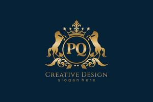 initial PQ Retro golden crest with circle and two horses, badge template with scrolls and royal crown - perfect for luxurious branding projects vector