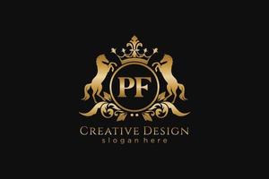 initial PF Retro golden crest with circle and two horses, badge template with scrolls and royal crown - perfect for luxurious branding projects vector