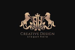 initial RK Retro golden crest with shield and two horses, badge template with scrolls and royal crown - perfect for luxurious branding projects vector