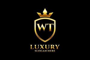 initial WT elegant luxury monogram logo or badge template with scrolls and royal crown - perfect for luxurious branding projects vector