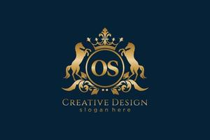 initial OS Retro golden crest with circle and two horses, badge template with scrolls and royal crown - perfect for luxurious branding projects vector