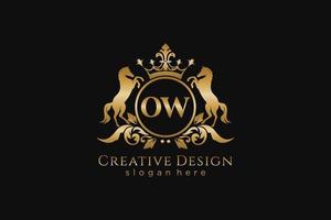 initial OW Retro golden crest with circle and two horses, badge template with scrolls and royal crown - perfect for luxurious branding projects vector