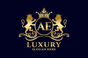 Initial AE Letter Lion Royal Luxury Logo template in vector art for luxurious branding projects and other vector illustration.