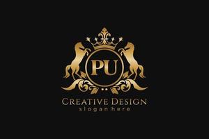 initial PU Retro golden crest with circle and two horses, badge template with scrolls and royal crown - perfect for luxurious branding projects vector