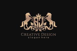 initial RJ Retro golden crest with shield and two horses, badge template with scrolls and royal crown - perfect for luxurious branding projects vector