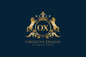 initial OX Retro golden crest with circle and two horses, badge template with scrolls and royal crown - perfect for luxurious branding projects vector