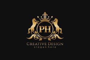 initial PH Retro golden crest with circle and two horses, badge template with scrolls and royal crown - perfect for luxurious branding projects vector