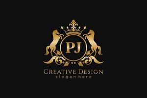 initial PJ Retro golden crest with circle and two horses, badge template with scrolls and royal crown - perfect for luxurious branding projects