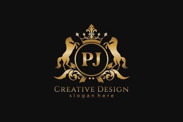 initial PJ Retro golden crest with circle and two horses, badge template with scrolls and royal crown - perfect for luxurious branding projects