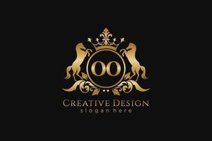 initial OO Retro golden crest with circle and two horses, badge template with scrolls and royal crown - perfect for luxurious branding projects vector