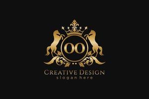 initial OO Retro golden crest with circle and two horses, badge template with scrolls and royal crown - perfect for luxurious branding projects vector