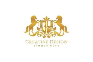 initial QV Retro golden crest with shield and two horses, badge template with scrolls and royal crown - perfect for luxurious branding projects vector