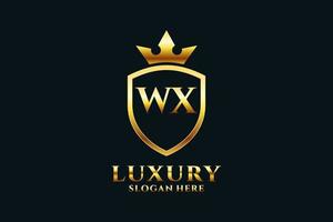 initial WX elegant luxury monogram logo or badge template with scrolls and royal crown - perfect for luxurious branding projects vector