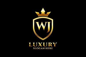 initial WJ elegant luxury monogram logo or badge template with scrolls and royal crown - perfect for luxurious branding projects vector