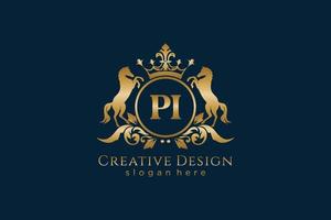 initial PI Retro golden crest with circle and two horses, badge template with scrolls and royal crown - perfect for luxurious branding projects vector