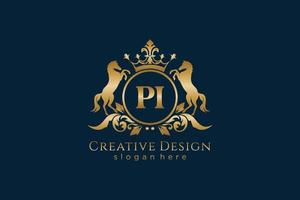 initial PI Retro golden crest with circle and two horses, badge template with scrolls and royal crown - perfect for luxurious branding projects vector