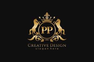 initial PP Retro golden crest with circle and two horses, badge template with scrolls and royal crown - perfect for luxurious branding projects vector