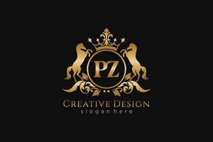 initial PZ Retro golden crest with circle and two horses, badge template with scrolls and royal crown - perfect for luxurious branding projects vector