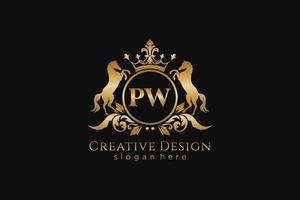 cresta dorada retro pw inicial con círculo y dos caballos, plantilla de insignia con pergaminos y corona real - perfecto para proyectos de marca de lujo vector