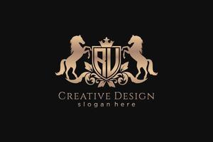 initial RU Retro golden crest with shield and two horses, badge template with scrolls and royal crown - perfect for luxurious branding projects vector