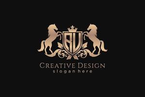 initial RU Retro golden crest with shield and two horses, badge template with scrolls and royal crown - perfect for luxurious branding projects vector
