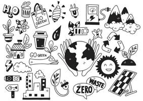 Hand drawn style Modern Green energy doodle objects vector illustration