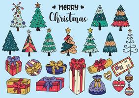 árbol de navidad de estilo dibujado a mano y caja de regalo doodle objetos ilustración vectorial vector