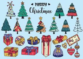 Hand drawn style Christmas tree and gift box doodle objects vector illustration