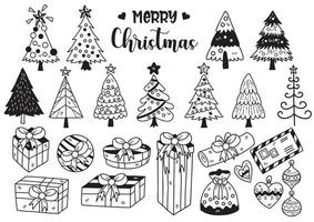 Hand drawn style Christmas tree and gift box doodle objects vector illustration