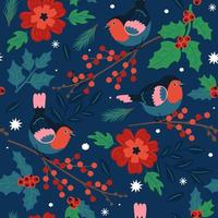 Seamless pattern with winter birds, berries and flowers. Vector graphics.