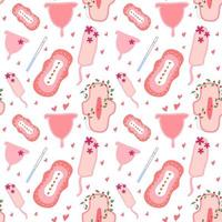 Seamless pattern with of feminine hygiene products. Menstruation days. Sanitary pads, tampons, menstrual cup. Vector illustration in trendy flat style