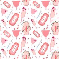 Seamless pattern with of feminine hygiene products. Menstruation days. Sanitary pads, tampons, menstrual cup. Vector illustration in trendy flat style