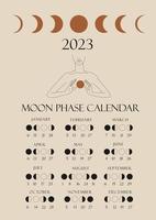 Moon phases calendar 2023 with a girl line. Waning gibbous, Waxing crescent, New moon, Full moon with dates. vector