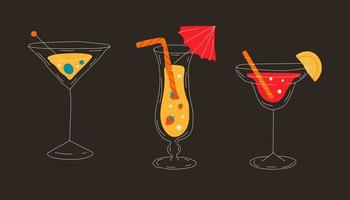 Cocktails collection, alcoholic and non-alcoholic summer drinks with ice cubes of lemon, lime, and strawberries.  All elements are isolated vector