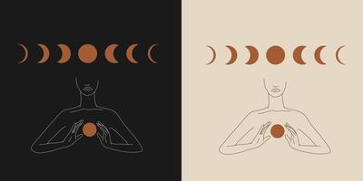 tarjetas dibujadas a mano de mujeres místicas de silueta con luna en línea de arte. mujer joven abstracta espiritual. ilustración de conjunto de bocetos vectoriales vector
