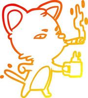 dibujo de línea de gradiente cálido gato de negocios serio con café y cigarro vector