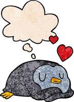 cartoon penguin in love and thought bubble in grunge texture pattern style vector