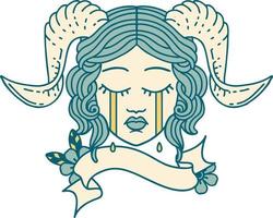 Retro Tattoo Style crying tiefling character face with scroll banner vector