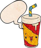 cartoon soda cup and speech bubble in retro texture style vector