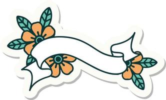 sticker of tattoo in traditional style of a banner and flowers vector