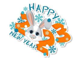 Sticker with symbol of the 2023 year. Cute little rabbit hare. vector