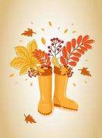 Hola otoño. hojas de otoño, rama con bayas de serbal en botas de goma. pancarta, postal, afiche. vector