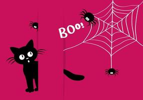 feliz postal de halloween en estilo de corte de papel. el lindo gatito negro tiene miedo de las arañas. vector