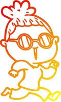 warm gradient line drawing cartoon running woman wearing spectacles vector